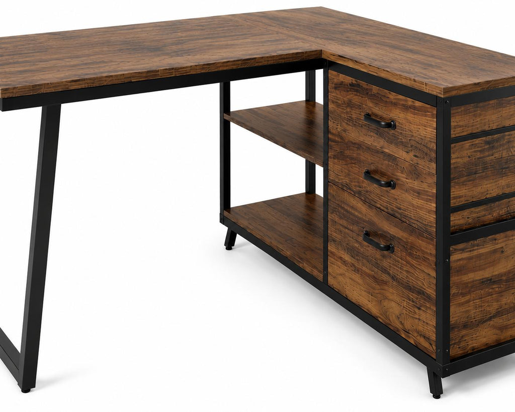 Tribesigns L-Shaped Computer Desk with 3 Drawers, Reversible Corner Home Office Desk with Shelves, 53-Inch Industrial PC Desk St