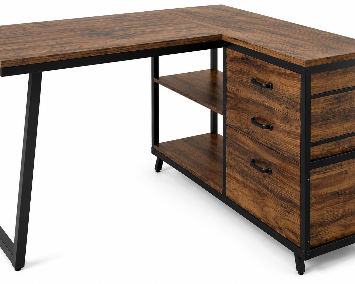 Tribesigns L-Shaped Computer Desk with 3 Drawers, Reversible Corner Home Office Desk with Shelves, 53-Inch Industrial PC Desk St