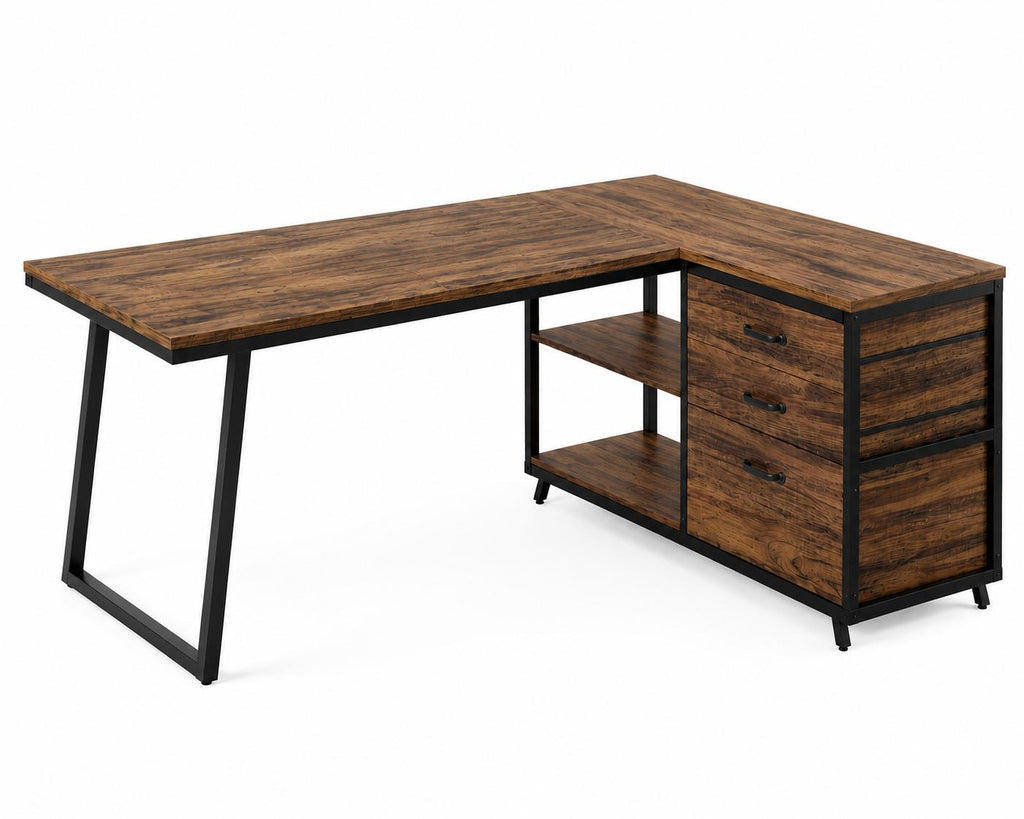 Tribesigns L-Shaped Computer Desk with 3 Drawers, Reversible Corner Home Office Desk with Shelves, 53-Inch Industrial PC Desk St